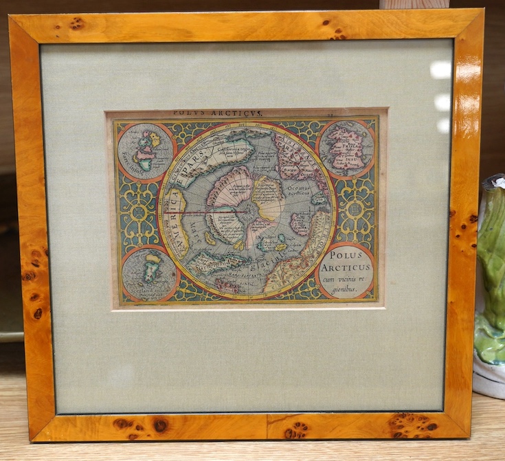 Mercator Hondius, map, Polus Arcticus cum vicinis regionibus, maple frame, 14 x 19cm. Condition - good